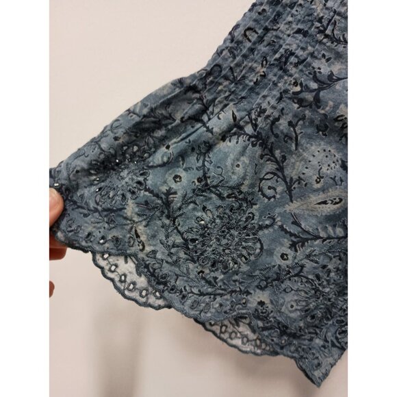 Frye Womens Blouse Medium Blue Paisley Eyelet BOHO Keyhole Back Ruffle Top - Picture 5 of 11